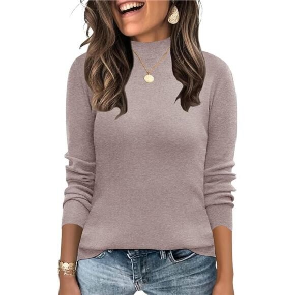 Women mock neck long sleeve knit sweater lightweight pullover casual top - Picture 5 of 5